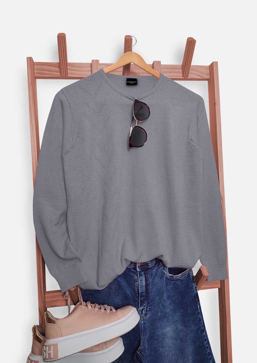 Sweater de mujer cuello redondo con calado en V gris