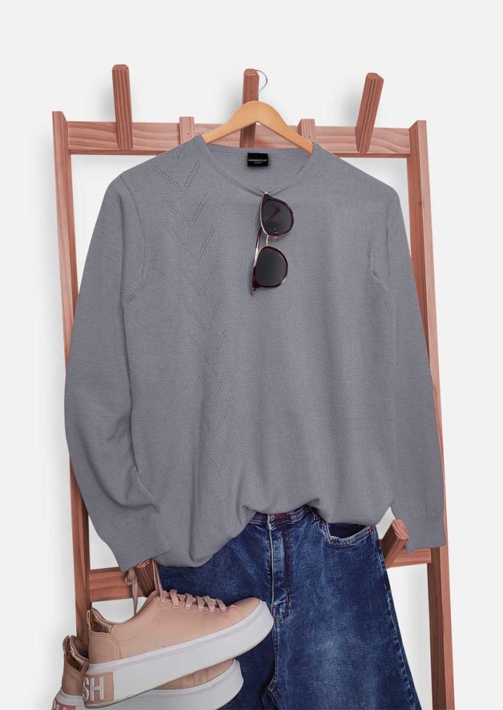 Sweater de mujer cuello redondo con calado en V gris