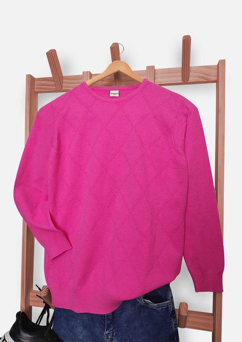 SWEATER CON ROMBOS CALADOS - FUCSIA 2 SWEATER CON CUELLO REDONDO ROMBOS ROSA