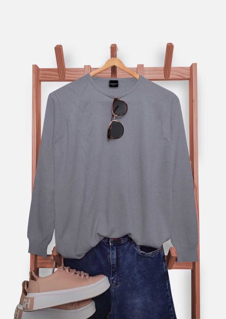 Sweater de mujer cuello redondo con calado en V gris